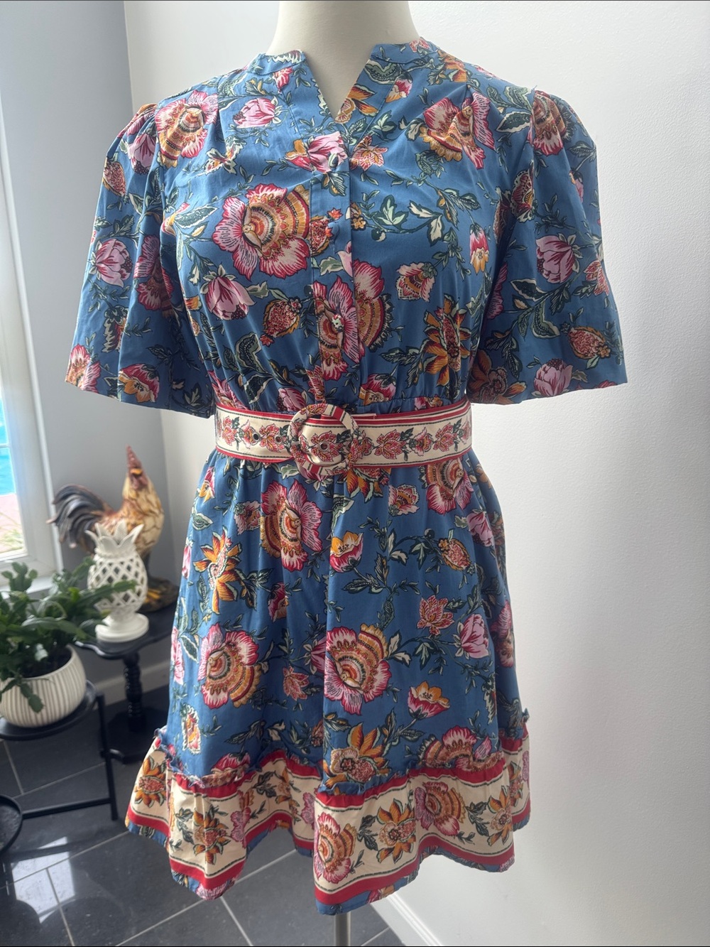 Joie Blue Floral Short-Sleeve Belted Mini Dress